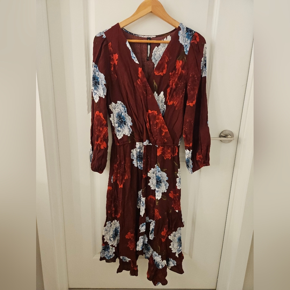Plenty by Tracy Reese Red Floral Wrap Front Ruffle Knee Length Dress In Large